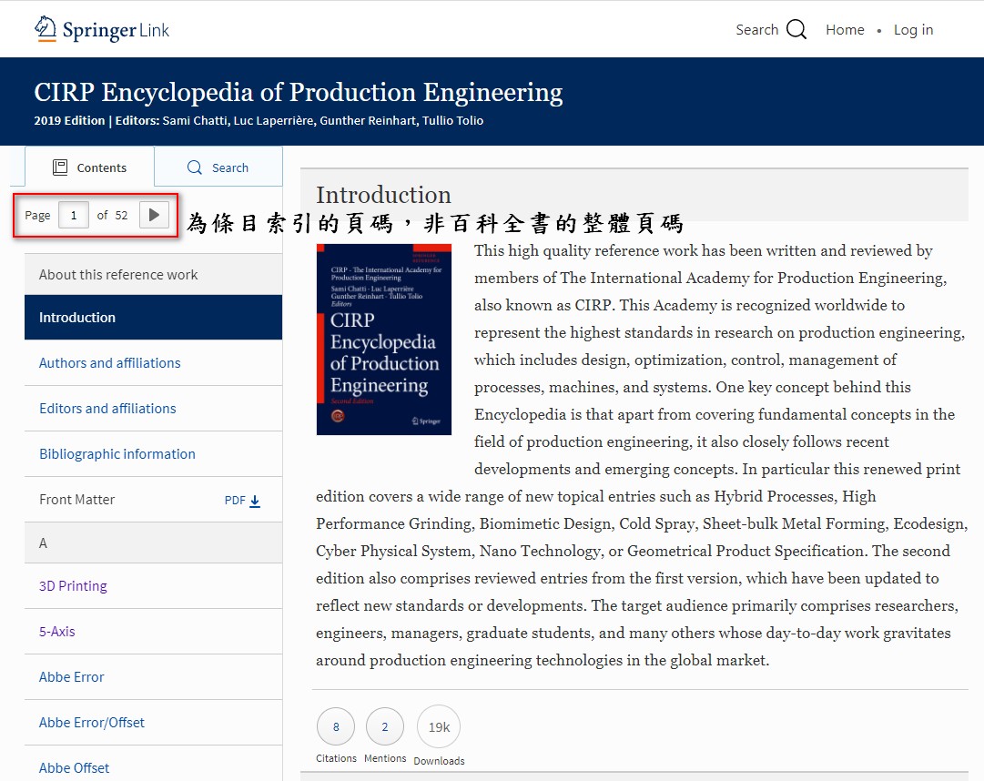 Springer百科全书目次索引页面